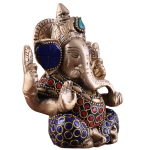 Small Pure Brass Lord Ganesha Idol with Stonework - 5" Height